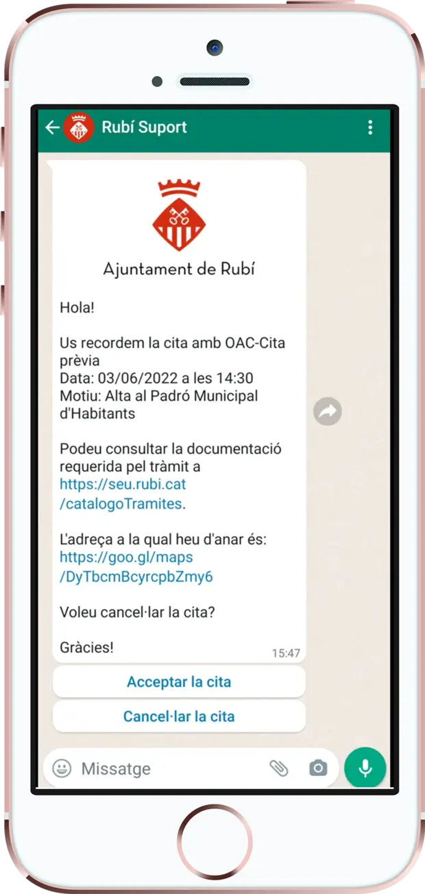 Recordatori de cita prèvia per WhatsApp